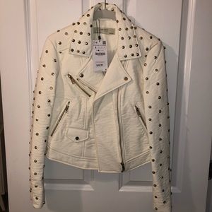 Zara White Leather Motorcycle Style Studded Jacket